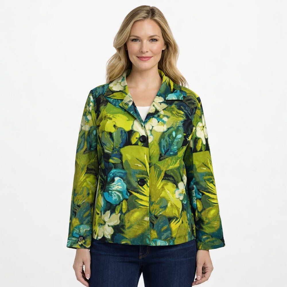 Chico's Fleur Dreams Tropical Print Blazer Size 2 (US 12) Green & Blue